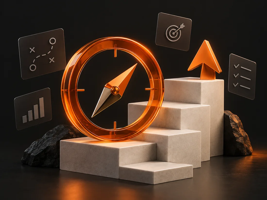 Sculptural compass and steps illustrating a clear direction for growth